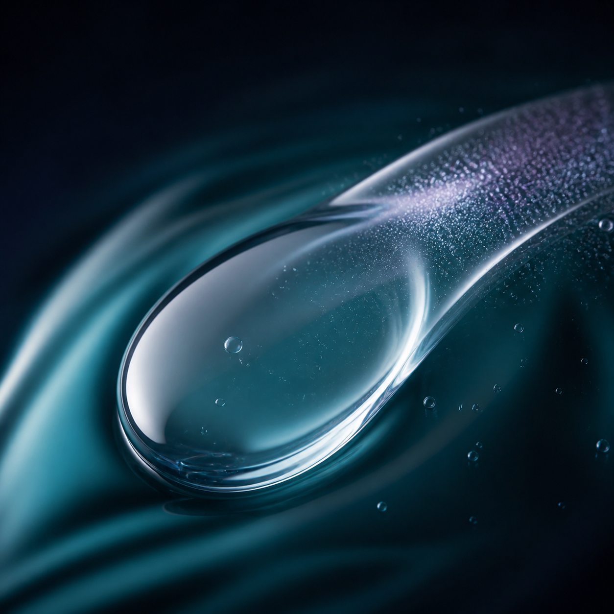 Translucent serum drop in deep teal light